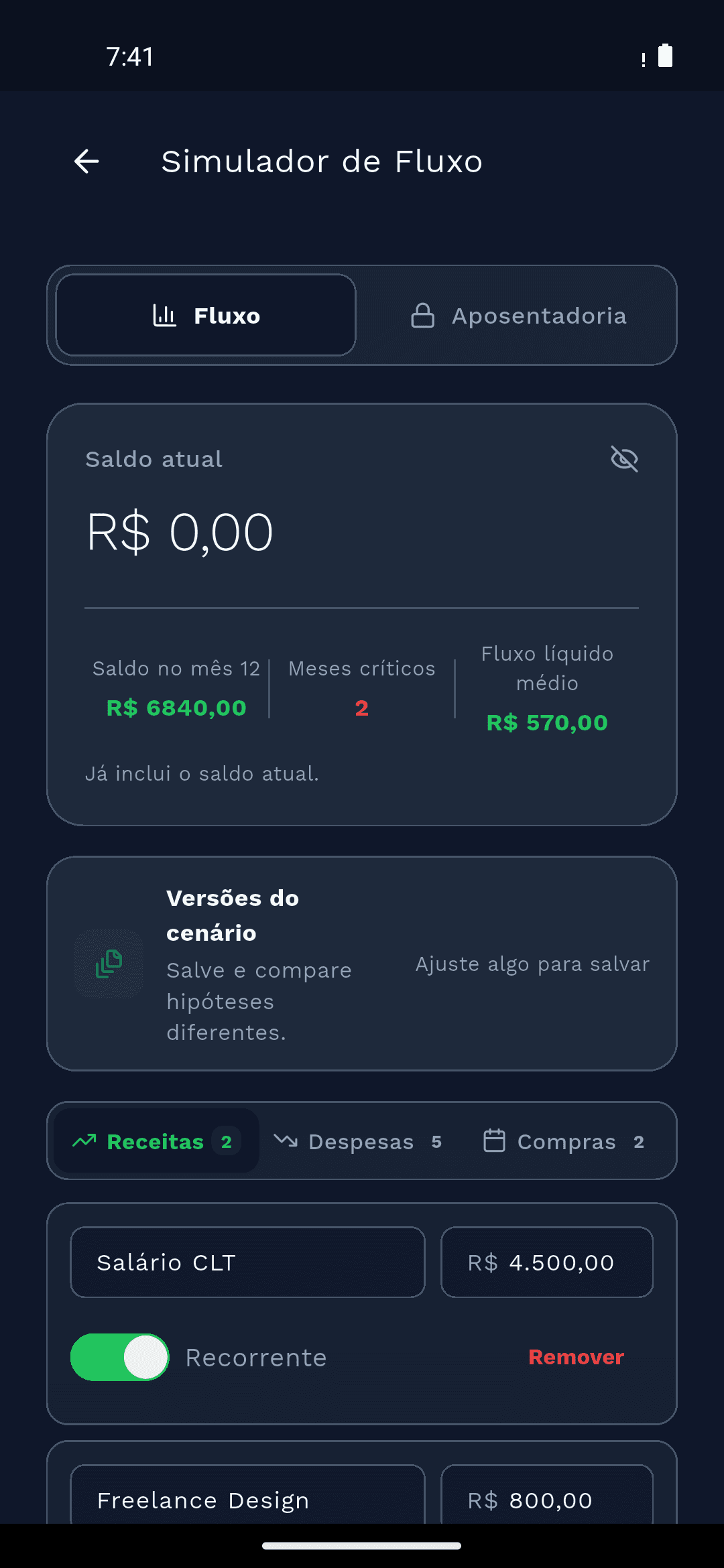Simulador de fluxo de caixa com projeção de meses futuros