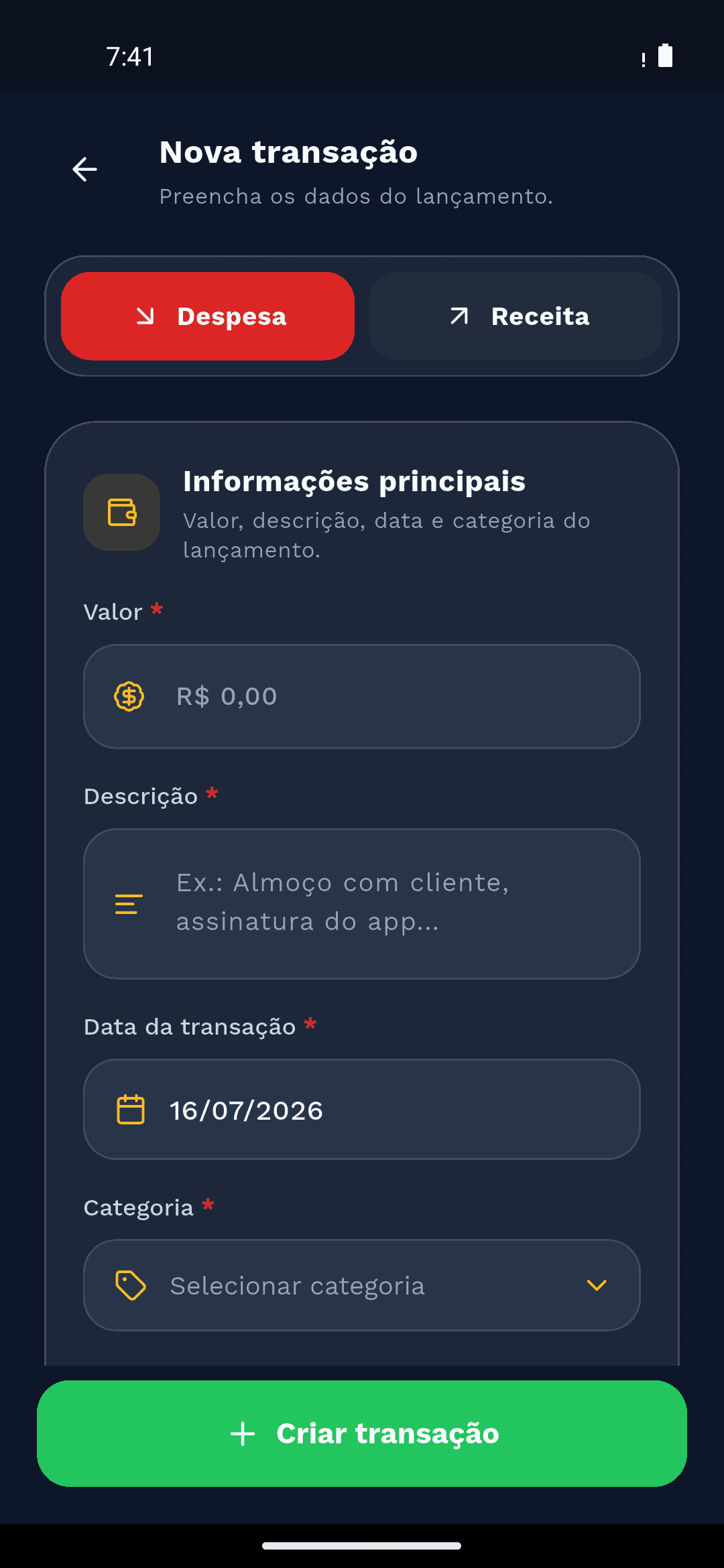 Tela de criação de uma nova transação