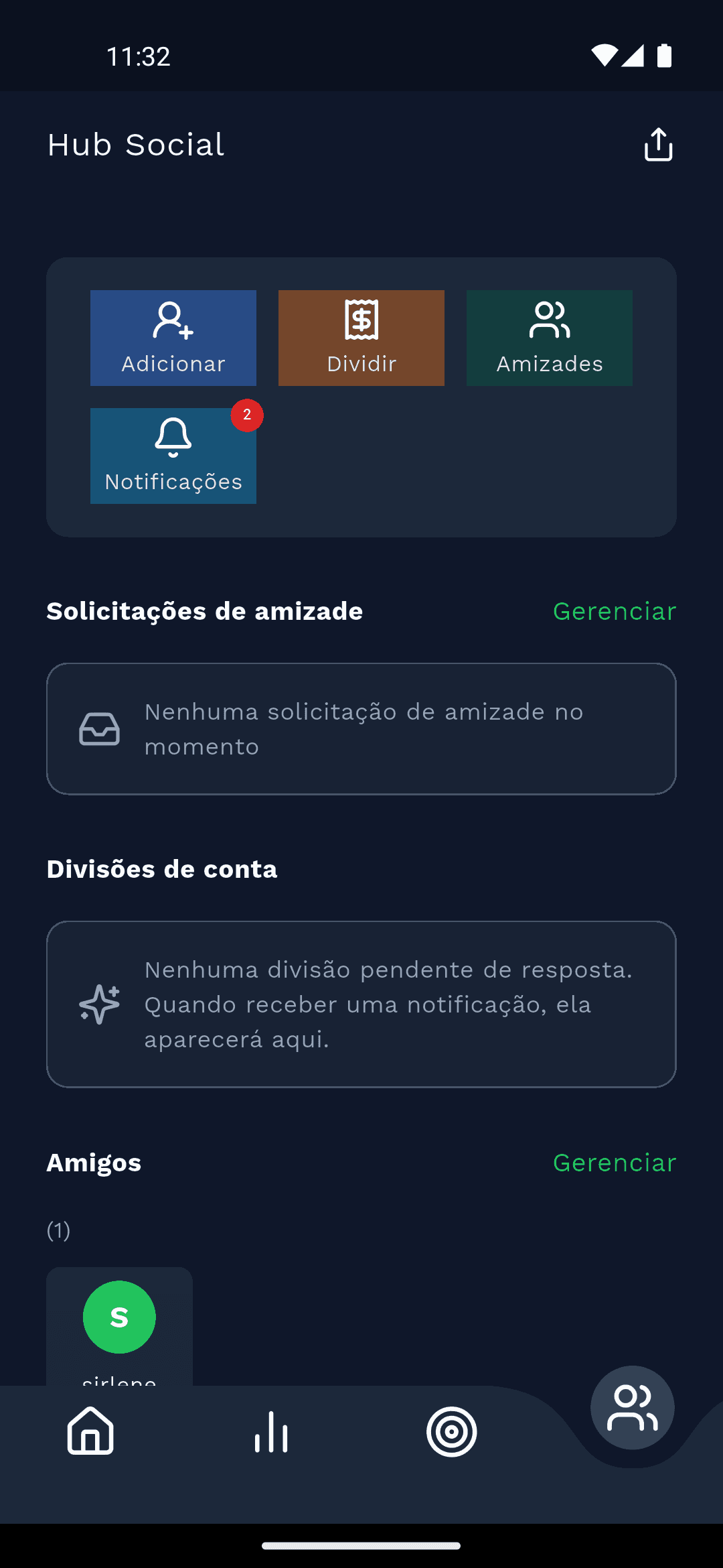 Hub social com amigos e divisão de contas